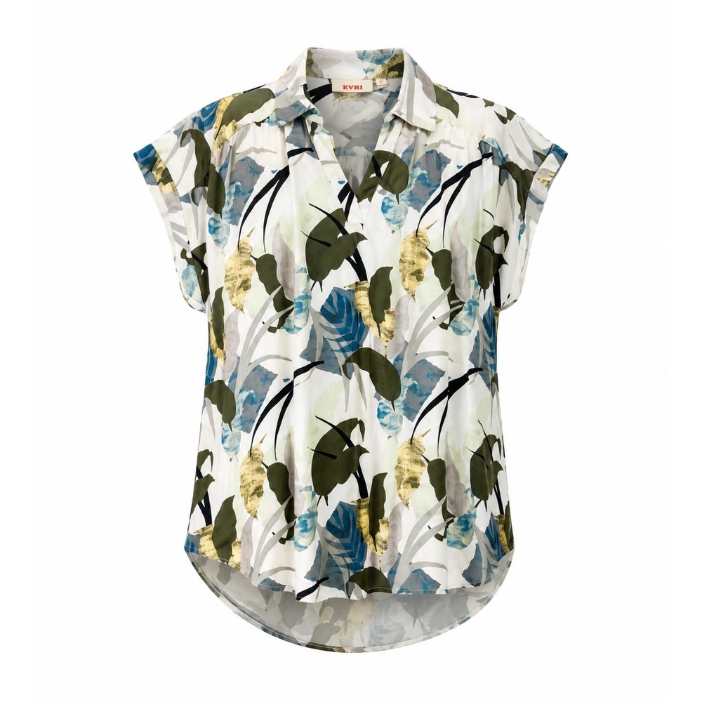 EVRI Blouse Tropical Leaf Rayon 1X White‎ Green Relaxed Short Sleeve Plus Size